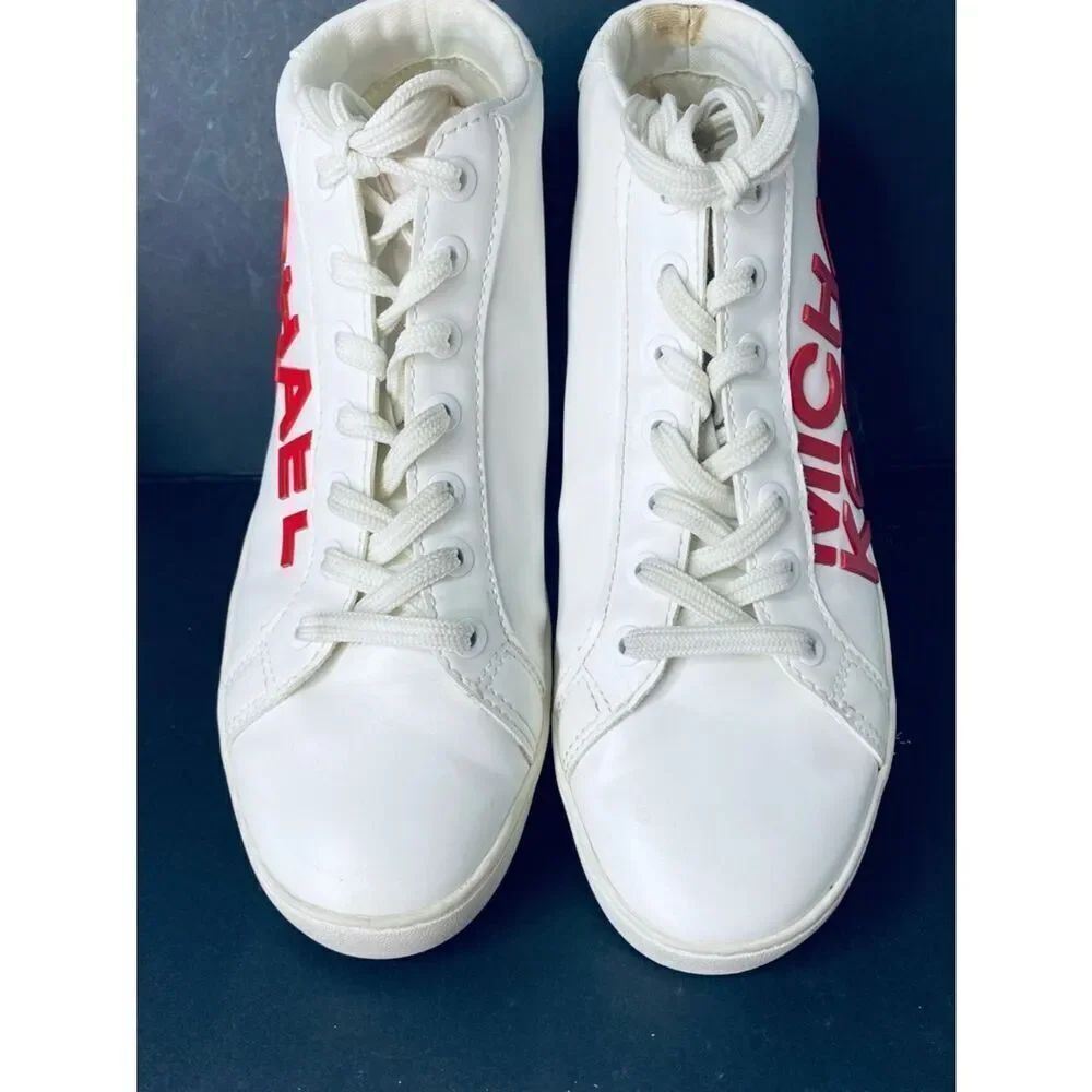 🛍️Michael Kors White Sneakers with Red Logo Mid-High-Tops - Picture 7 of 16